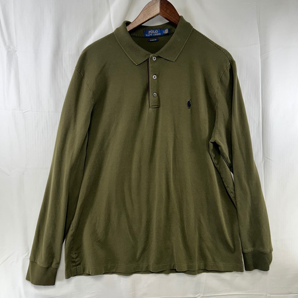 Polo Ralph Lauren Polo Shirt Mens Large Olive Green Long Sleeve Classic Fit